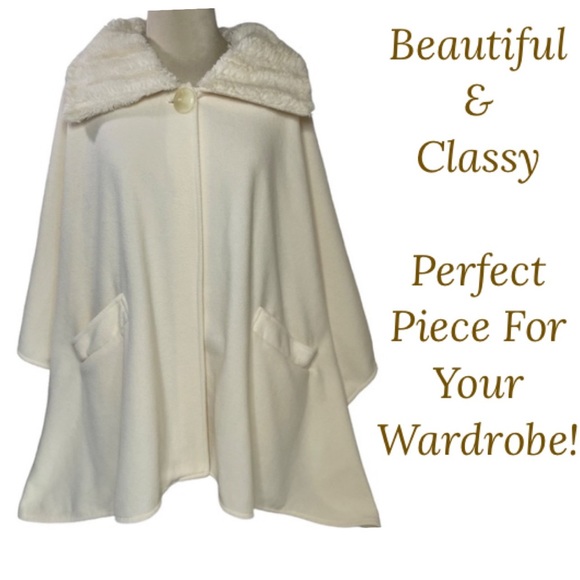 LeModa Sweaters - Luxury Cape Coat Fur Collar Button Shawl Wrap Winter White Ivory Whimsy Coquette